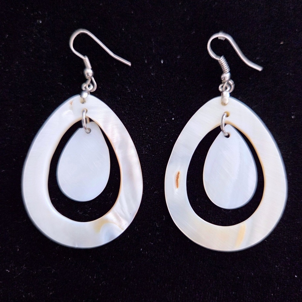 White Mother of Pearl Double Teardrop Earrings Iridescent Shell Fishhook Drop